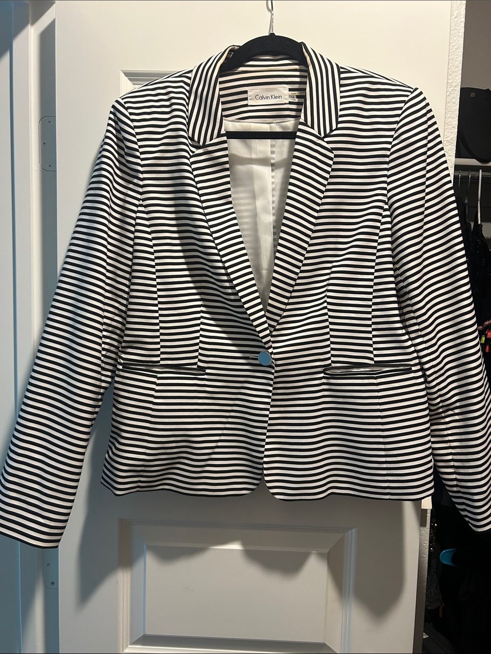 Calvin Klein Black and White Striped Single-Button Blazer